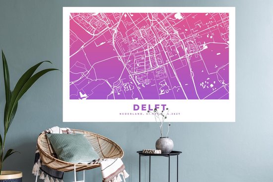 Stickers Stickers muraux - Plan de la ville - Delft - Pays- Nederland - Violet - 120x80 cm - Feuille adhésive - Carte