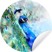 WallCircle - Muurstickers - Behangcirkel - Waterverf - Pauw - Blauw - 50x50 cm - Muurcirkel - Zelfklevend - Ronde Behangsticker