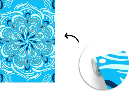 Motif abstrait d'une fleur détaillée et orange sur fond bleu 225x350 cm