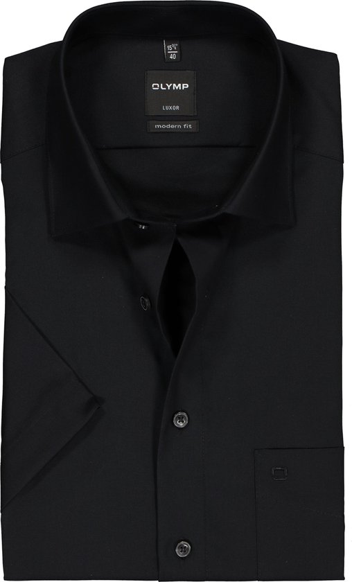 OLYMP Luxor modern fit overhemd - korte mouw - zwart - Strijkvrij - Boordmaat: 42