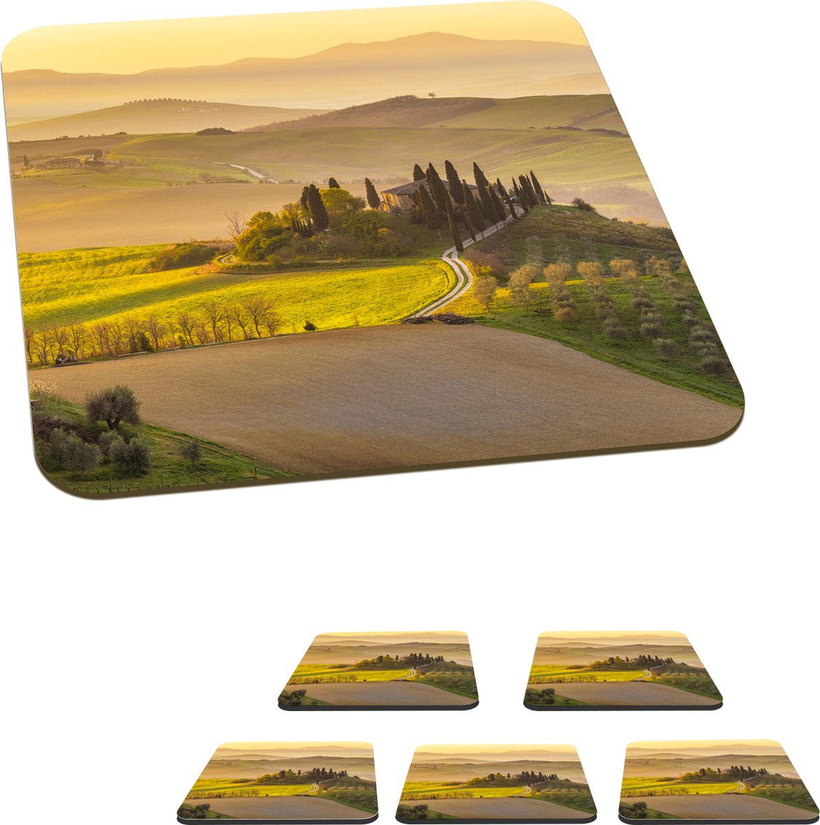 Onderzetters voor glazen - Toscane - Heuvels - Landschap - 10x10 cm - Glasonderzetters - 6 stuks
