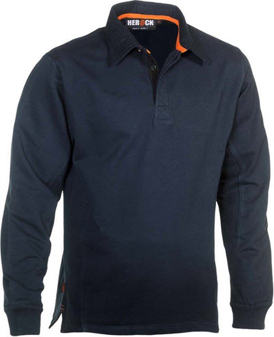 Donkerblauw poloshirt met lange mouwen en oranje accenten aan de binnenzijde van de kraag.