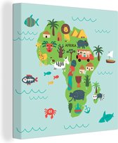 Canvas Wereldkaart - 90x90 - Wanddecoratie Wereldkaart Kinderen - Dieren - Afrika