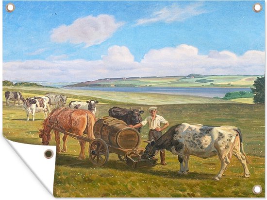 Tuinposter - Tuindoek - Tuinposters buiten - Een boer met een waterkar kijkt naar zijn vee - Schilderij van Rasmus Christiansen - 120x90 cm - Tuin