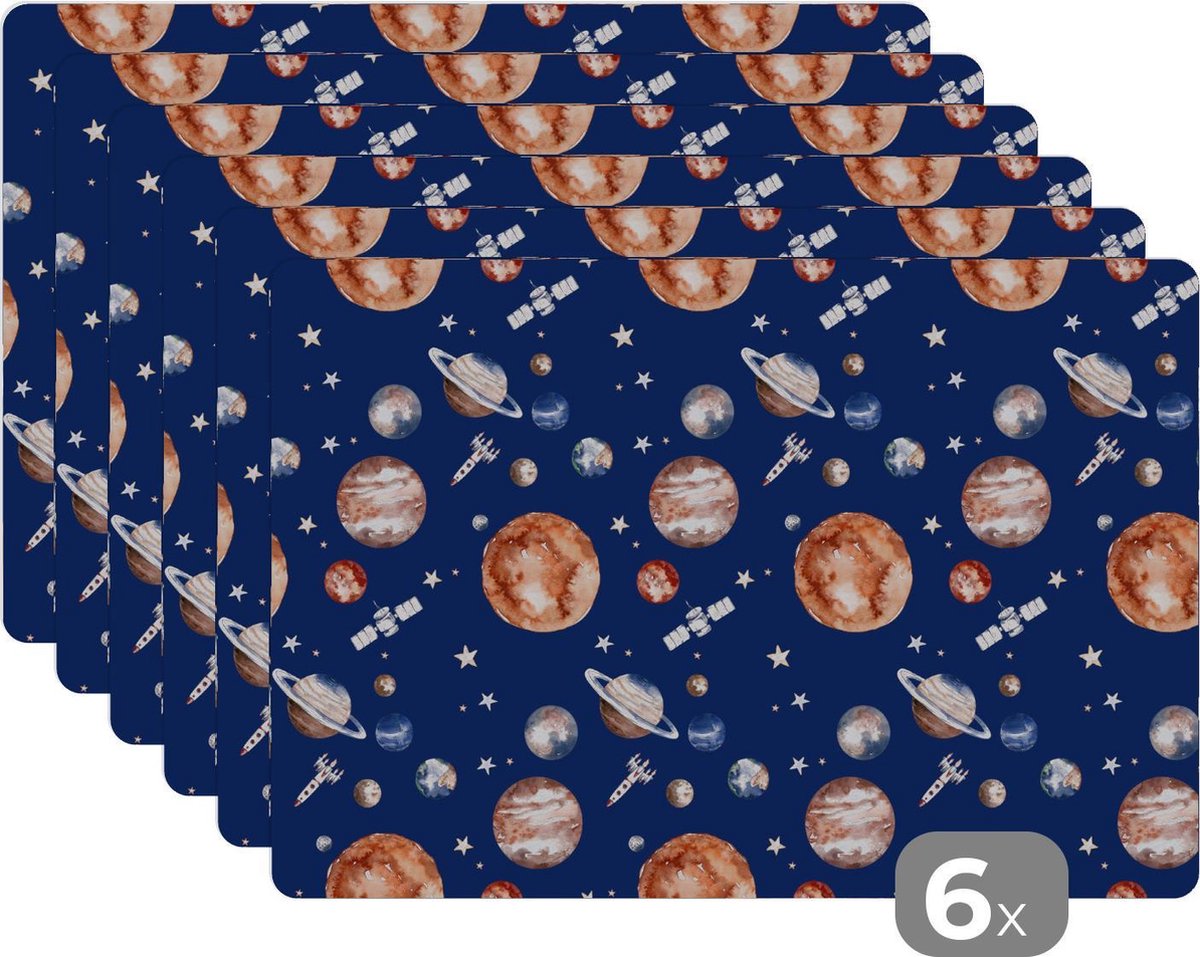 Placemat kinderen - Placemat - Placemats kunststof - Patroon - Ruimte - Planeten - Jongens - Meisjes - Kinderen - Kids - 45x30 cm - 6 stuks - Hittebestendig - Anti-Slip - Onderlegger - Afneembaar
