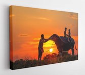 Silhouet kinderen rijden op een buffel met vader in zonsondergang - Canvas Modern Art - Horizontaal - 369723320 - 115*75 Horizontal