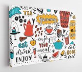 Cafe patroon doodle theepotten, kopjes, inspirerende citaten en desserts. Koffie is altijd een goed idee. Eet goed, voel je goed. Eet smakelijk. Naadloze textuur voor menuontwerp.