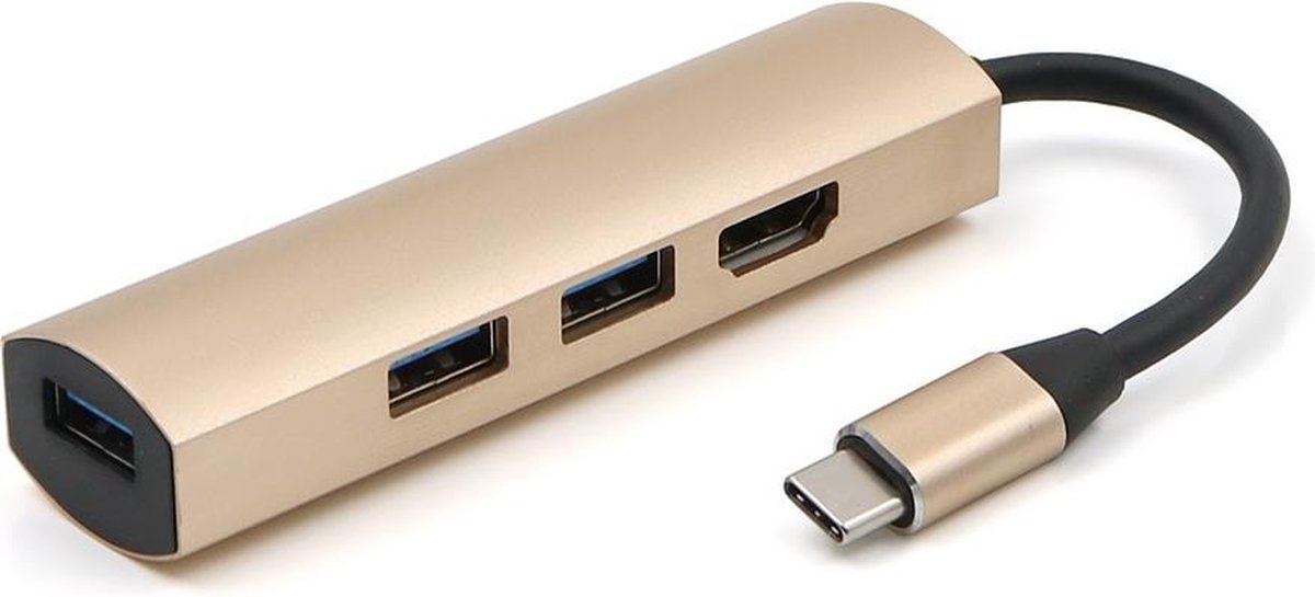 USB-C naar USB Splitter & HDMI Adapter USB Hub 3.0 - 4 Poorten - 4K- USB-C aansluiting - Aluminium - Goud