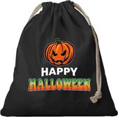 Halloween - 1x Pompoen / happy halloween canvas snoep tasje/ snoepzakje zwart met koord 25 x 30 cm - snoeptasje halloween