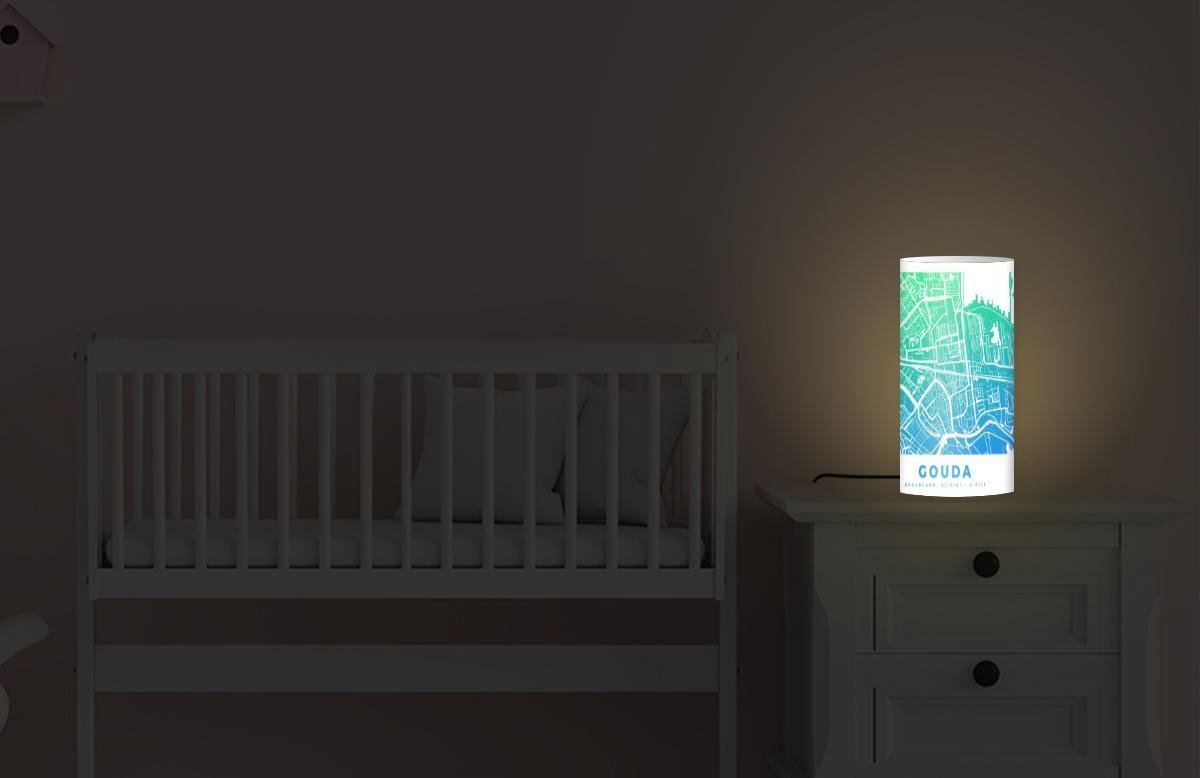 Lamp - Nachtlampje - Tafellamp slaapkamer - Stadskaart - Gouda - Blauw - Groen - 33 cm hoog - Ø15.9 cm - Inclusief LED lamp - Plattegrond