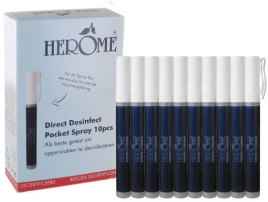 Doos met Herome Direct Desinfect Pocket Spray, met 10 donkerblauwe sprays met witte doppen.