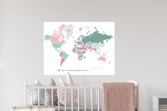 Sticker Muursticker cartes du Wereldkaart - Carte du monde Romantique - 80x60 cm - Film adhésif autocollant - Sticker mural repositionnable