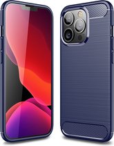 iPhone 13 Pro Hoesje - MobyDefend TPU Gelcase - Geborsteld Metaal + Carbonlook - Navy Blauw - GSM Hoesje - Telefoonhoesje Geschikt Voor: Apple iPhone 13 Pro