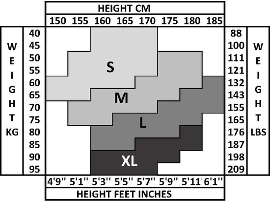 Maattabel voor panty's met gewicht en lengte in centimeters en inches.