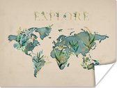Poster Wereldkaart - Planten - Turquoise - 160x120 cm XXL
