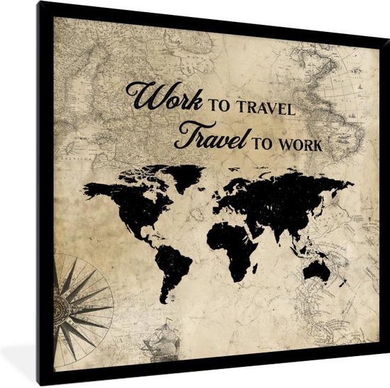 Affiche avec cadre Carte du Wereldkaart - Proverbes - Voyage - Vintage - 40x40 cm