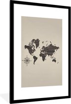 Fotolijst incl. Poster - Wereldkaart - Hout - Kompas - 60x90 cm - Posterlijst