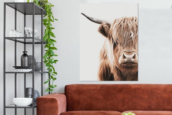 Canvas Schilderij Schotse hooglander - Koe - Wit - 90x120 cm - Wanddecoratie
