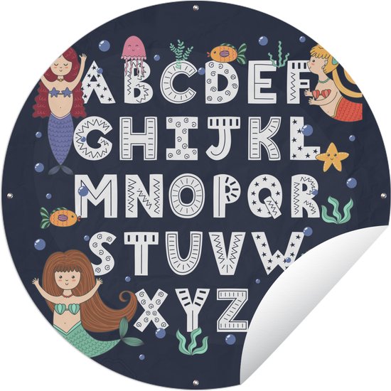 Tuincirkel Illustratie alfabet met zeemeerminnen op een donkere achtergrond - 90x90 cm - Ronde Tuinposter - Buiten