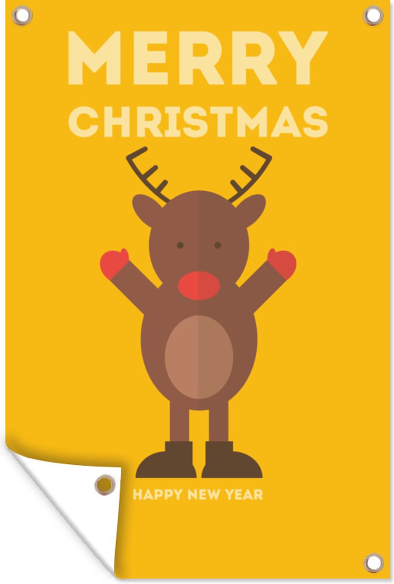 Moderne kerst muurdecoratie met een illustratie van een rendier en 'Merry Christmas' tekst in geel op een tuinposter van 120x180 cm.