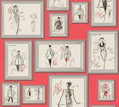 AS Creation Karl Lagerfeld - Mode Schets Collage behang - Avantgarde Ontwerp "Sketch" - rood zilver grijs wit - 1005 x 53 cm