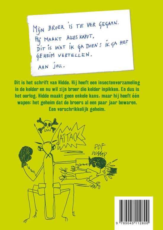 Een tekening van een insect met bokshandschoenen en een doodskopje erboven. Tekst: 'ATTACK!'