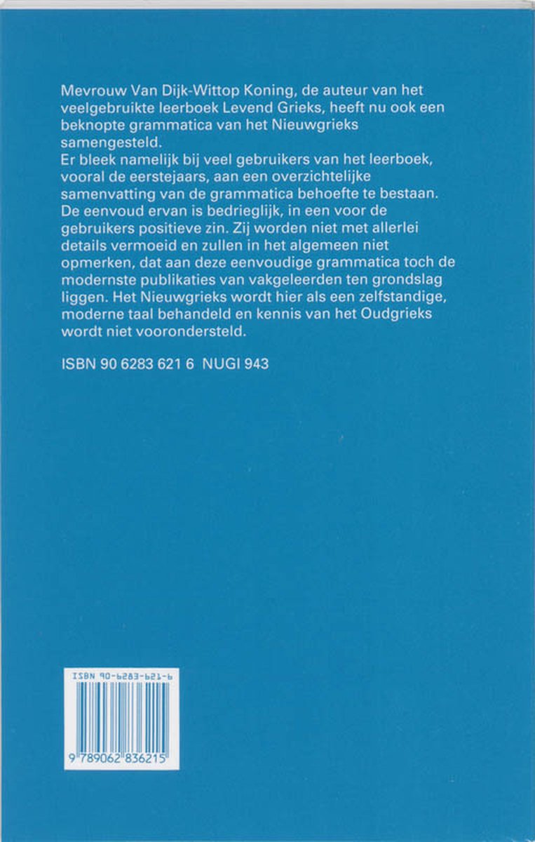 Achterkant van het boek 'Levend Grieks' met ISBN en barcode.
