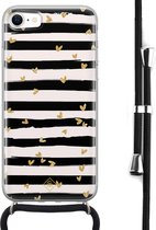 iPhone 8/7 hoesje met koord - Hart streepjes | Apple iPhone 8 crossbody case | Zwart, Transparant | Gestreept
