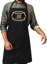 Naam cadeau Master chef Jim keukenschort/ barbecue schort zwart voor heren/ mannen - cadeau vaderdag/ verjaardag/ Pensioen