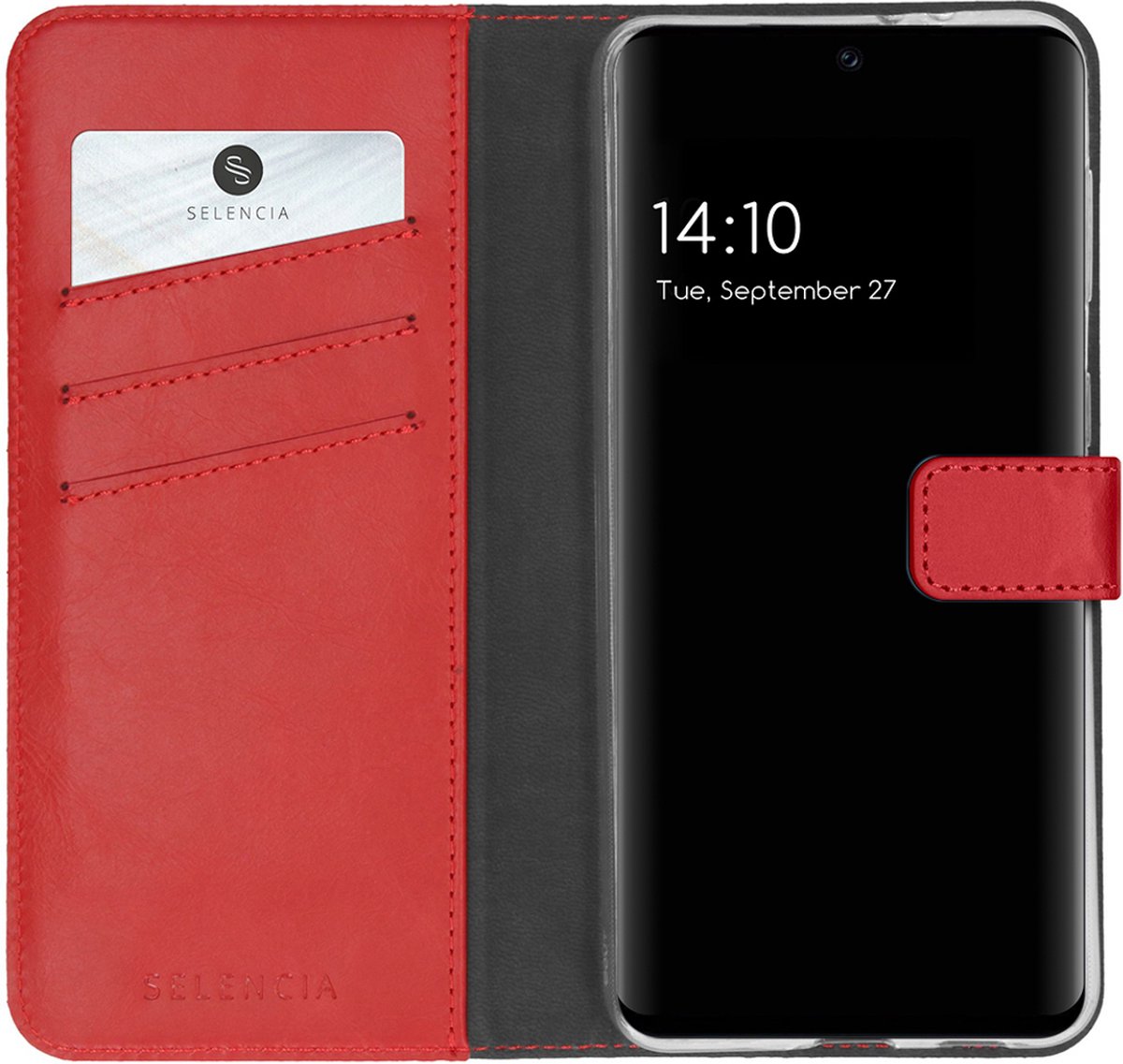 Selencia Hoesje Geschikt voor Samsung Galaxy S21 FE Hoesje Met Pasjeshouder - Selencia Echt Lederen Bookcase - Rood