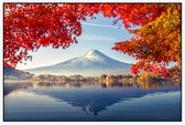 Ochtendmist bij het Kawaguchiko meer bij Mount Fuji in Japan - Foto op Akoestisch paneel - 225 x 150 cm