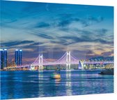 De Gwanganbrug en skyline van Haeundae-gu in Busan - Foto op Plexiglas - 90 x 60 cm