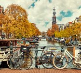 Faire du Vélo sur un pont sur les canaux d' Amsterdam - Papier peint photo (en ruelles) - 250 x 260 cm