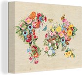 Wanddecoratie Wereldkaart - Vintage - Bloemen - Canvas - 40x30 cm