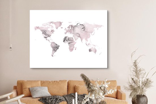 Décoration murale Carte du Wereldkaart - Peinture - Rose - Toile - 160x120 cm