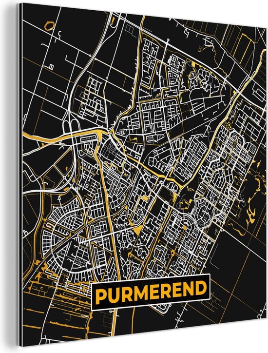 Décoration murale Métal - Peinture Aluminium - Plan de Ville - Purmerend - Or - Zwart - 90x90 cm - Carte
