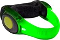 Groene, doorschijnende sportarmband met een gele knop en zwarte klittenband.