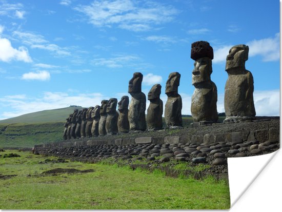 Poster Zijaanzicht van de rij Moai beelden op Paaseiland