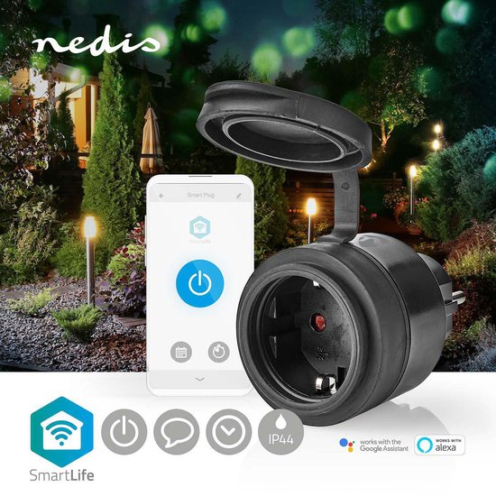 Prise Smart Nedis SmartLife | Wi-Fi | IP44 | 3680 W. | Fiche PG / Type F (CEE 7/7) | -20 - 50 °C | Android™ / IOS | Noir