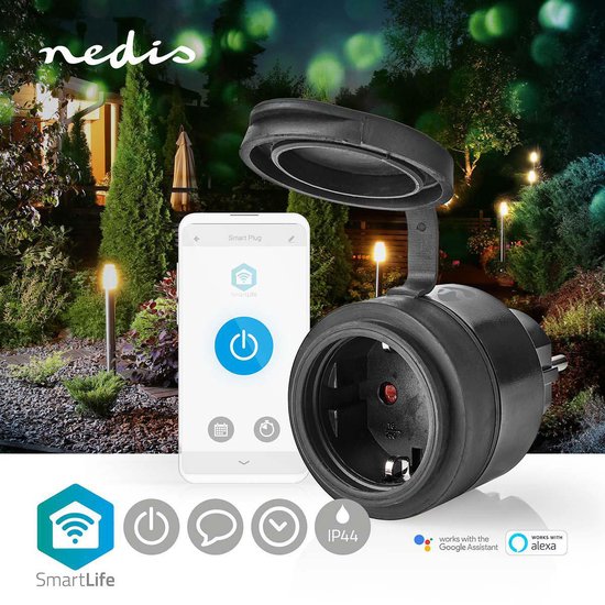 Nedis SmartLife Slimme Stekker - Wi-Fi - IP44 - 3680 W - Randaarde stekker / Type F (CEE 7/7) - -5 - 40 °C - Android / IOS - Zwart - 1 Stuks