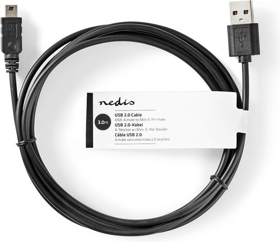 Nedis USB-Kabel - USB 2.0 - USB-A Male - USB Mini-B 5-Pins Male - 4.5 W - 480 Mbps - Vernikkeld - 3.00 m - Rond - PVC - Zwart - Label