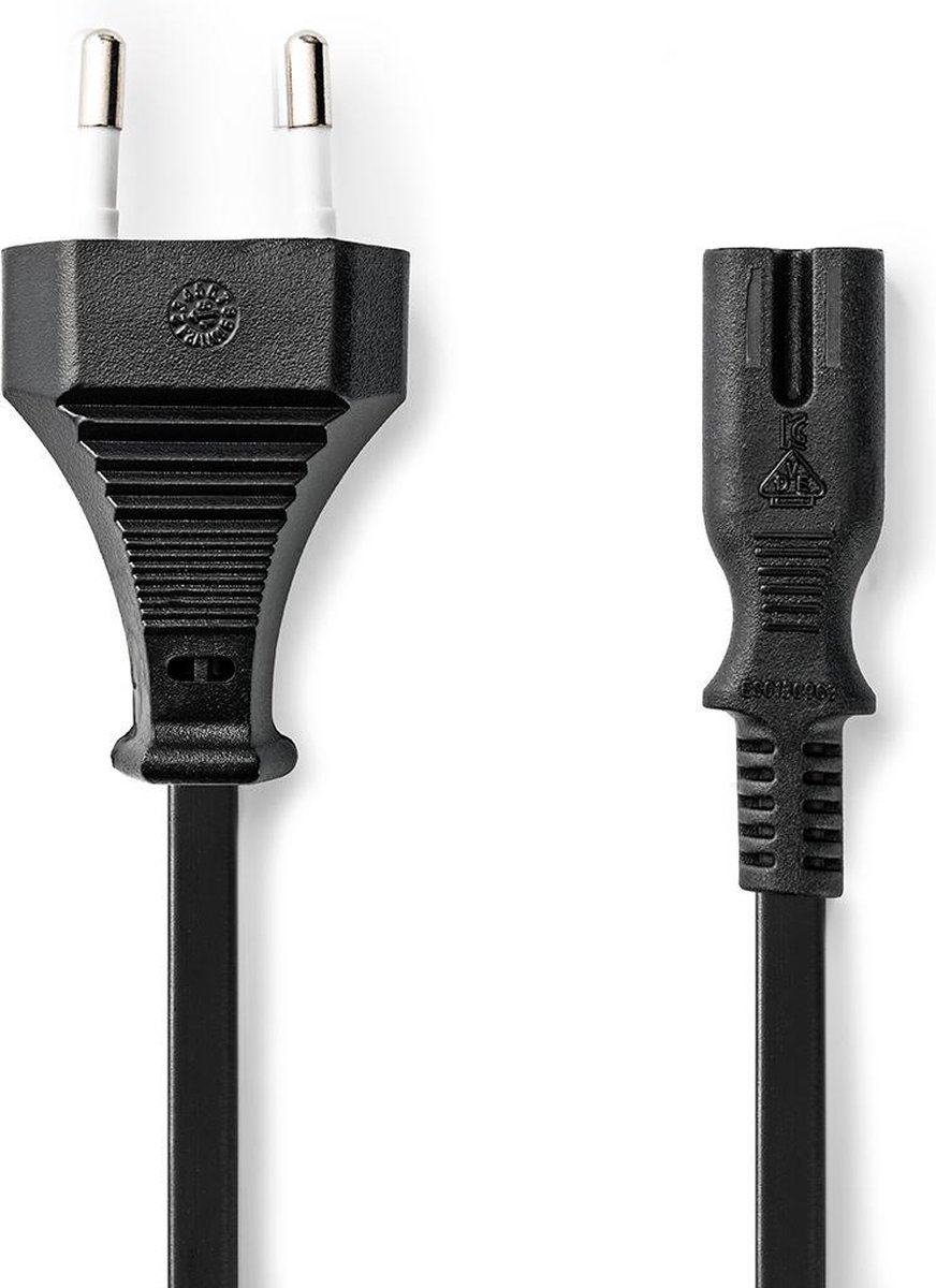 Nedis Stroomkabel | Euro Male | IEC-320-C7 | 3.00 m | Recht | 2x 0.75 mm² | Koper | Plat | Nikkel | H03VVH2-F 2x075 mm² | PVC | Stekkertype: Type C (CEE 7/16 | Netvoeding | 250 V ~ 50/60 Hz | 2.5 A