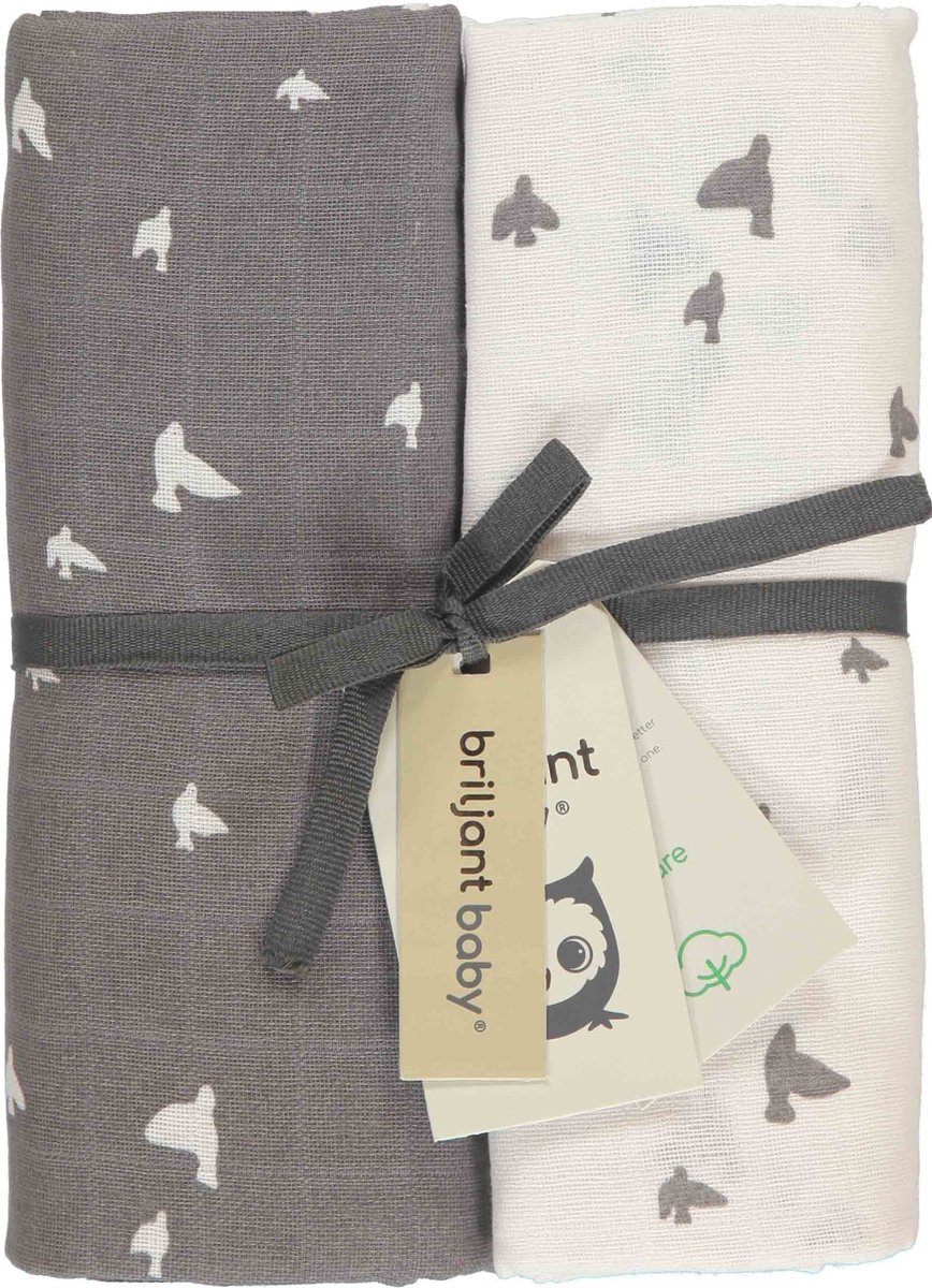 Briljant Baby Hydrofiel Multidoek XL Birds - Swaddle - Inbakerdoek - Antraciet - 120x120 - 2 Stuks - Organic