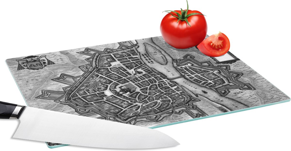 Glazen Snijplank - 28x20 - Plattegrond - Maastricht - Zwart Wit - Snijplanken Glas