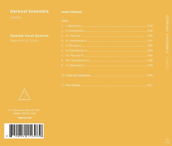 Omslag met tekst: Oerknal Ensemble canto, Lewis Nielson, Cilice, Damask Vocal Quartet, tracklist en barcode.