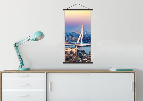 Porte-affiche avec affiche 60x120 cm - Affiche scolaire - Rotterdam - Skyline - Coucher de soleil - Affiche textile - Lattes noires
