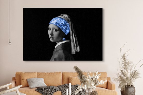 Tableau sur toile Fille à la boucle d'oreille en perle - Vermeer - Blauw - 150x100 cm - Décoration murale