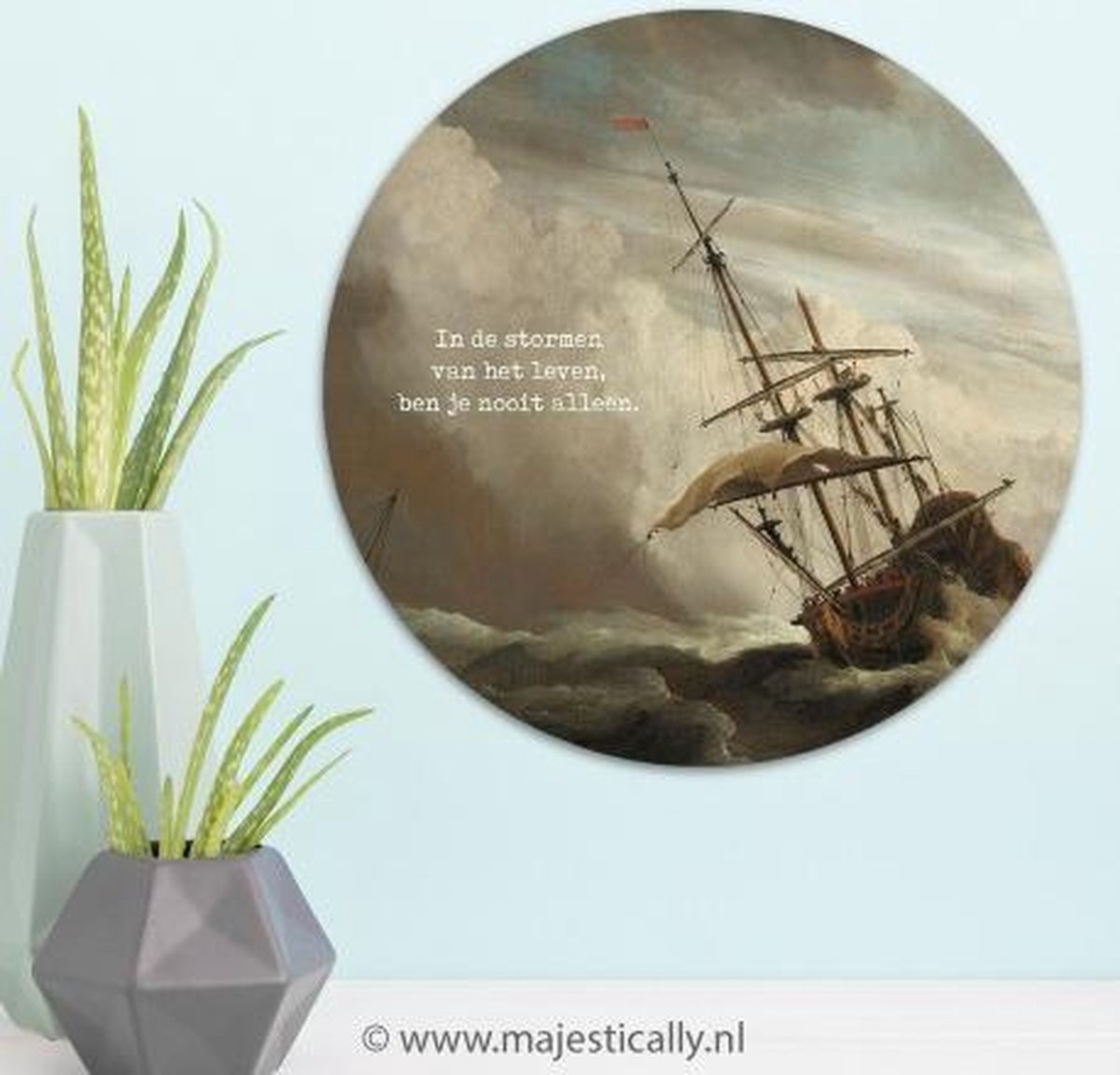 Muurdecoratie - Muurcirkel - Rond - Boot - In de stormen van het leven ben je nooit alleen - 30cm - Christelijk - Bijbel - Geloof - Majestically