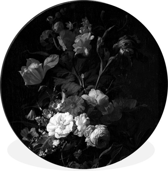 WallCircle - Wandcirkel - Muurcirkel - Vaas met bloemen - Schilderij van Rachel Ruysch - zwart wit - Aluminium - Dibond - ⌀ 30 cm - Binnen en Buiten