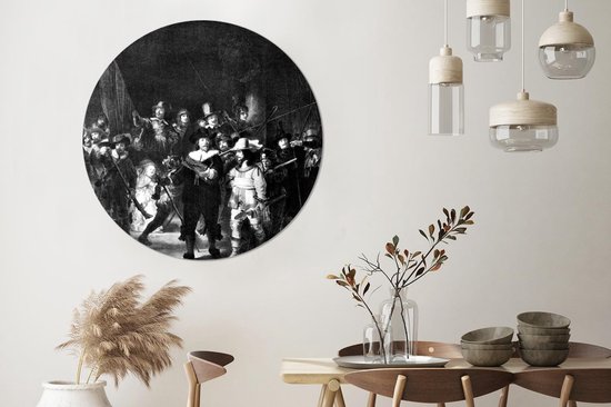 WallCircle® Wandcirkel 150x150 cm - Muurcirkel De Nachtwacht - Schilderij van Rembrandt van Rijn - zwart wit - Muurdecoratie woonkamer - Wanddecoratie slaapkamer - Kamer decoratie accessoires - Ronde schilderijen